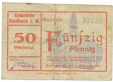 Gladbeck , Notgeld 50 Pfennig Schein gbr. Tieste 2240.05.25 , Westfalen 1917 Verkehrsausgabe