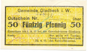 Gladbeck , Notgeld 50 Pfennig Schein unc-kfr.E Tieste 2240.05.03 , Westfalen 1917 Verkehrsausgabe