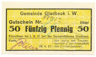 Gladbeck , Notgeld 50 Pfennig Schein unc-kfr.E Tieste 2240.05.07 , Westfalen 1917 Verkehrsausgabe
