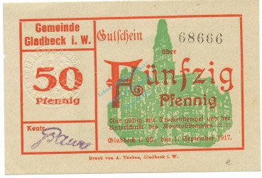 Gladbeck , Notgeld 50 Pfennig Schein unc-kfr. Tieste 2240.05.30 , Westfalen 1917 Verkehrsausgabe