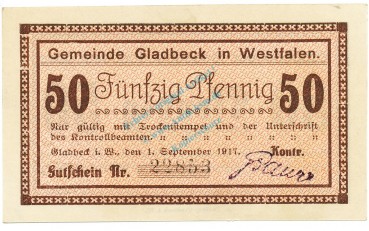 Gladbeck , Notgeld 50 Pfennig Schein unc-kfr. Tieste 2240.05.35 , Westfalen 1917 Verkehrsausgabe