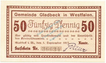 Gladbeck , Notgeld 50 Pfennig Schein unc-kfr. Tieste 2240.05.40 , Westfalen 1917 Verkehrsausgabe