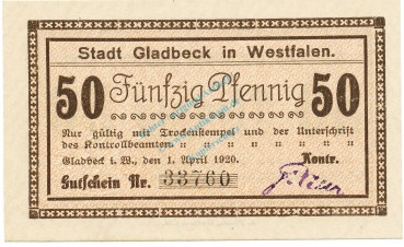 Gladbeck , Notgeld 50 Pfennig Schein unc-kfr. Tieste 2240.05.85 , Westfalen 1920 Verkehrsausgabe