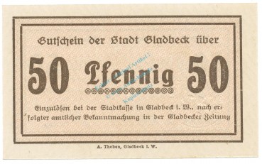 Preview: Gladbeck , Notgeld 50 Pfennig Schein unc-kfr. Tieste 2240.05.85 , Westfalen 1920 Verkehrsausgabe