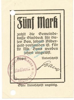 Gladbeck , Notgeld 5 Mark Schein unc-kfr.E Diessner 120.7 , Westfalen o.D. Notgeld 1914-15