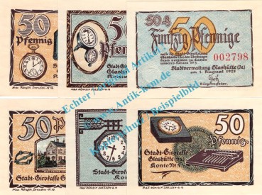 Glashütte , Notgeld Set mit 6 x 50 Pfennig Schein in kfr. M-G 430.1 , Sachsen 1921 Seriennotgeld