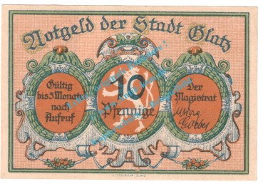 Preview: Glatz , Notgeld 10 Pfennig Nr.3 -gelbbraun- in kfr. M-G 431.3 , Schlesien o.D. Seriennotgeld