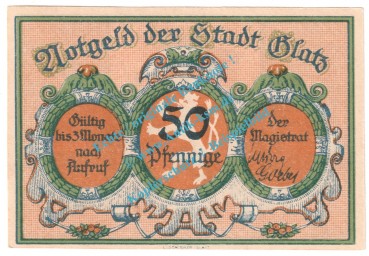 Preview: Glatz , Notgeld 50 Pfennig Nr.3 -gelbbraun- in kfr. M-G 431.3 , Schlesien o.D. Seriennotgeld