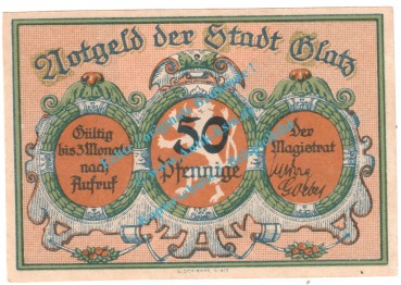 Preview: Glatz , Notgeld 50 Pfennig Nr.1 -hellgrün- in kfr. M-G 431.4 , Schlesien o.D. Seriennotgeld