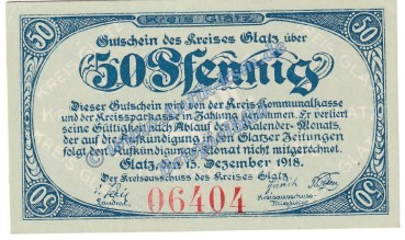 Glatz , Notgeld 50 Pfennig Schein in kfr. Tieste 2255.15.01 , Schlesien 1918 Verkehrsausgabe