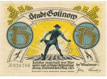 Gollnow , Notgeld 75 Pfennig -Nr.2 Glocke- unc-kfr. M-G.453.4 , POM 1921 Seriennotgeld -5830-