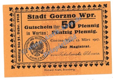 Gorzno , Notgeld 50 Pfennig Schein in kfr. Tieste 2370.05.02 , Westpreussen 1917 Verkehrsausgabe