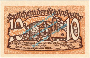 Goslar , Notgeld 10 Pfennig Schein in kfr. Tieste 2375.05.05 , Niedersachsen 1918 Verkehrsausgabe
