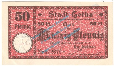 Preview: Gotha , Notgeld 50 Pfennig Nr.1 -Gauturnfest- in kfr. M-G 456.4.a , Thüringen 1921 Seriennotgeld