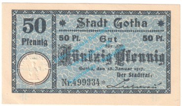 Preview: Gotha , Notgeld 50 Pfennig Nr.2 -Gauturnfest- in kfr. M-G 456.4.c , Thüringen 1921 Seriennotgeld