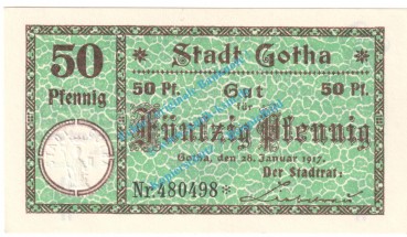 Preview: Gotha , Notgeld 50 Pfennig Nr.4 -Gauturnfest- in kfr. M-G 456.2.a , Thüringen 1921 Seriennotgeld