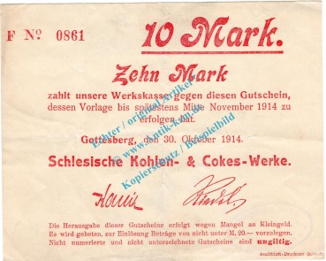 Gottesberg , Notgeld 10 Mark Schein in gbr. Diessner 129.5.b , Niederschlesien 1914 Notgeld 1914-15