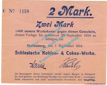 Gottesberg , Notgeld 2 Mark Schein in gbr. Diessner 129.3.b , Niederschlesien 1914 Notgeld 1914-15