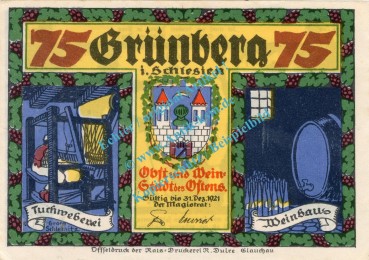 Preview: Grünberg , Notgeld 75 Pfennig Nr.6 -sehr dünn- in kfr. M-G 489.2.b , Schlesien 1921 Seriennotgeld