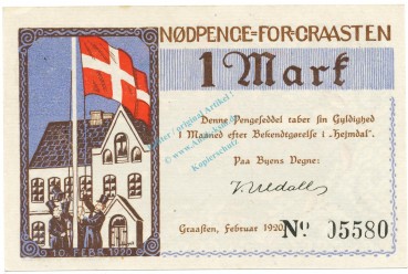 Gravenstein , Notgeld 1 Mark Schein unc-kfr. M-G 466.3.b , DNS 1920 Seriennotgeld -1219-