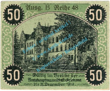 Preview: Grimma , Notgeld 50 Pfennig Schein in kfr. Tieste 2465.05.07 , Sachsen 1918 Verkehrsausgabe