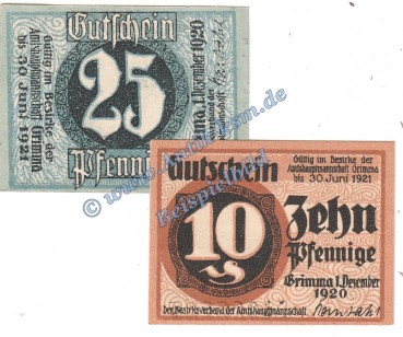 Grimma , Notgeld Set mit 2 Scheinen in kfr. Tieste 2465.05.10-11 , Sachsen 1920 Verkehrsausgabe