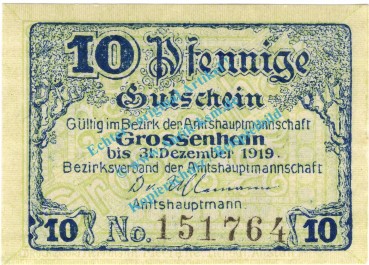 Grossenhain , Notgeld 10 Pfennig Schein in kfr. Tieste 2530.05.01 , Sachsen o.D. Verkehrsausgabe