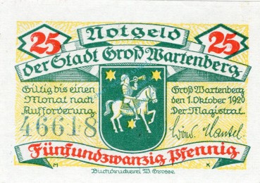 Gross Wartenberg , Notgeld 25 Pfennig Schein unc-kfr. Ti.2615.10.01 Schlesien 1920 Verkehrsausgabe