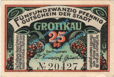 Grottkau , Notgeld 25 Pfennig Schein in kfr. Tieste 2625.05.26 , Schlesien o.D. Verkehrsausgabe