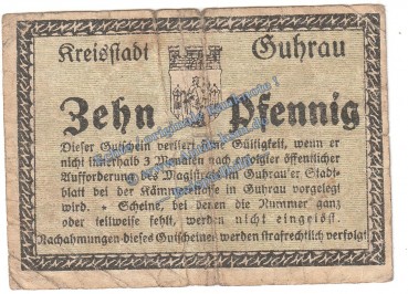 Preview: Guhrau , Notgeld 10 Pfennig Schein in gbr. Tieste 2660.10.10 , Schlesien 1918 Verkehrsausgabe