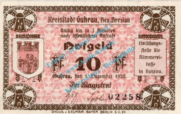 Guhrau , Notgeld 10 Pfennig Schein in kfr. Tieste 2660.10.26 , Schlesien 1920 Verkehrsausgabe