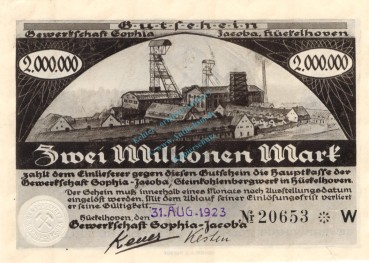 Hückelhoven , Banknote 2 Millionen Mark Schein unc-kfr. Keller 2456.a Rheinland 1923 Inflation