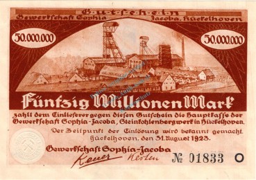 Hückelhoven , Banknote 50 Millionen Mark Schein unc-kfr. Keller 2456.b Rheinland 1923 Inflation