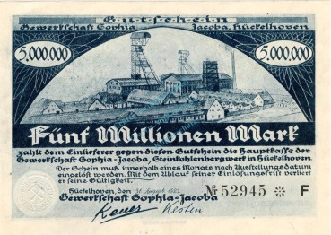 Hückelhoven , Banknote 5 Millionen Mark Schein unc-kfr. Keller 2456.b Rheinland 1923 Inflation