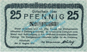 Höhscheid , Notgeld 25 Pfennig Schein in kfr. Tieste 3055.05.01 , Rheinland 1917 Verkehrsausgabe