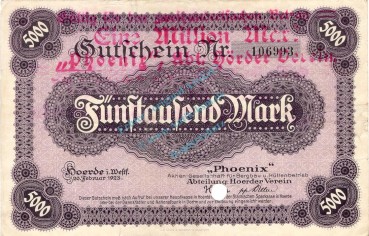 Hörde , Banknote 1 Million Schein gbr.E Müller 2135.W1 , Westfalen 1922 Grossnotgeld