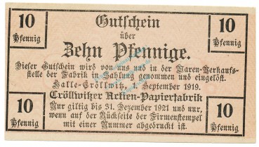 Halle Cröllwitz , Notgeld 10 Pfennig Schein unc-kfr. Ti.2745.05.16 , Sachsen 1919 Verkehrsausgabe