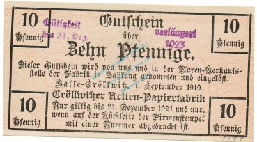 Halle Cröllwitz , Notgeld 10 Pfennig Schein unc-kfr. Ti.2745.05.21 , Sachsen 1919 Verkehrsausgabe