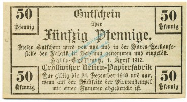 Halle Cröllwitz , Notgeld 50 Pfennig Schein unc-kfr. Ti.2745.05.01 , Sachsen 1917 Verkehrsausgabe