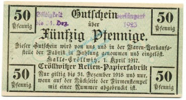 Halle Cröllwitz , Notgeld 50 Pfennig Schein unc-kfr. Ti.2745.05.10 , Sachsen 1917 Verkehrsausgabe