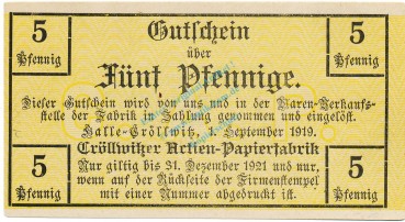 Halle Cröllwitz , Notgeld 5 Pfennig Schein unc-kfr. Ti.2745.05.15 , Sachsen 1919 Verkehrsausgabe