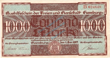 Hamburg , Banknote 1.000 Mark Schein F-kfr. Müller 1975.9.b , Hamburg 1923 Inflation