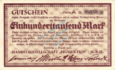 Hamburg , Banknote 100.000 Mark Schein L-gbr. Keller 2124.a , Hamburg 1923 Inflation