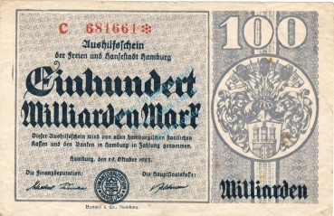 Hamburg , Banknote 100 Milliarden Mark Schein gbr. Keller 2109.t , Hamburg 1923 Inflation