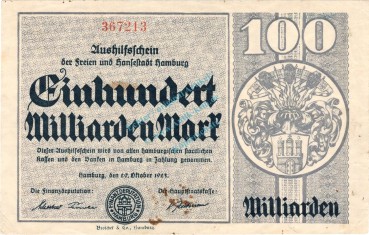 Hamburg , Banknote 100 Milliarden Mark Schein unc-kfr. Keller 2109.t , Hamburg 1923 Inflation