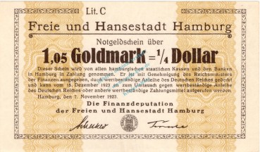 Hamburg , Banknote 1,05 Goldmark -o.KN- unc-kfr. Müller 2310.5.a , Hamburg 1923 Wertbeständig