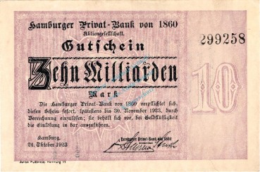 Hamburg , Banknote 10 Milliarden Mark Schein F-kfr. Keller 2120.e , Hamburg 1923 Inflation
