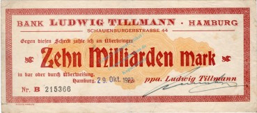 Hamburg , Banknote 10 Milliarden Mark Schein gbr. Keller 2136.b , Hamburg 1923 Inflation
