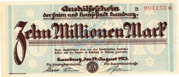 Hamburg , Banknote 10 Millionen Mark Schein unc-kfr. Keller 2109.h , Hamburg 1923 Inflation