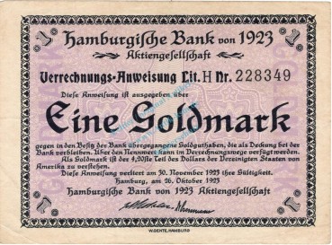 Hamburg , Banknote 1 Goldmark Schein gbr. Müller 2365.2 , Hamburg 1923 WertbeständigHamburg , Banknote 1 Goldmark Schein gbr. Müller 2365.2 , Hamburg 1923 Wertbeständig